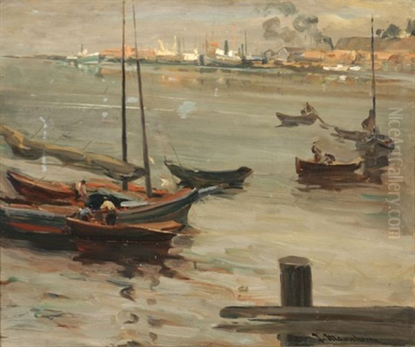 Fishing Boats In A Harbor Oil Painting by Jean Mannheim