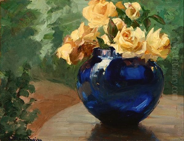 Still Life With Yellow Roses And Cobalt Blue Vase by Jean Mannheim