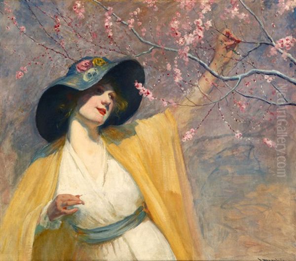 Picking Cherry Blossoms, The Yellow Kimono Oil Painting by Jean Mannheim