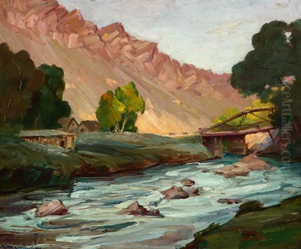 Morrison Canyon, Bridge And Stream Landscape, Colorado Oil Painting by Jean Mannheim