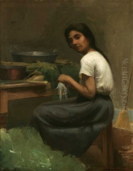 Woman Preparing Vegetables At Kitchen Table Oil Painting by Jean Mannheim