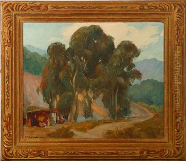 Cabin And Figures In Eucalyptus Landscape Oil Painting by Jean Mannheim