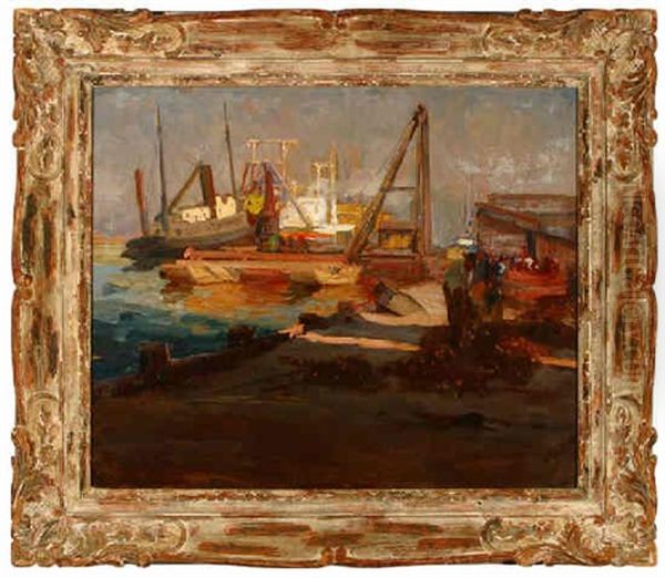 Boats And Workers - San Pedro Harbor Oil Painting by Jean Mannheim