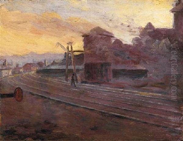 Train Yard At Sunrise Oil Painting by Jean Mannheim