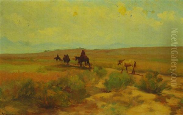 American Indians On Horseback In Western Plains Landscape Oil Painting by Jean Mannheim