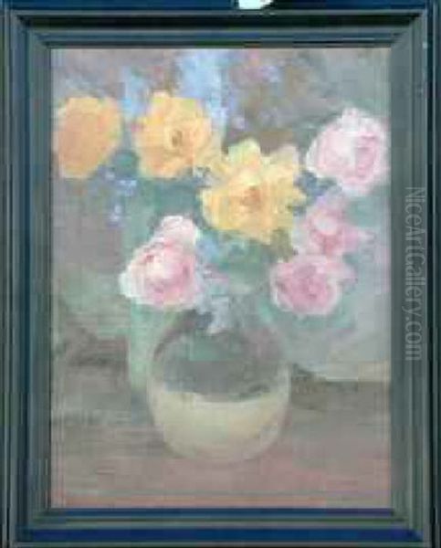 Still Life - Roses In Ceramic Vase Oil Painting by Jean Mannheim