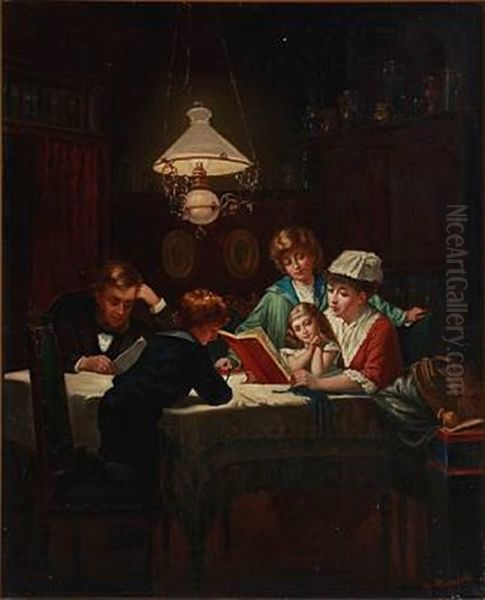 Interior With A Nurse Reading For The Family Oil Painting by Heinrich August Mansfeld