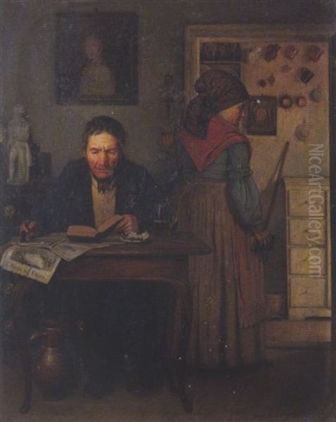 Erinnerung. Interieur Mit Lesendem Mann Und Einer Frau Oil Painting by Heinrich August Mansfeld