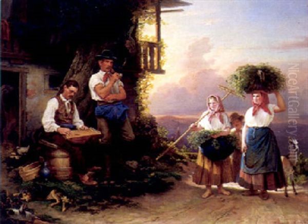 Musizierender Bauer Und Heimkehrende Frauen Neben Einem Stall Auf Der Hohe Eines Kirchdorfes by Heinrich August Mansfeld