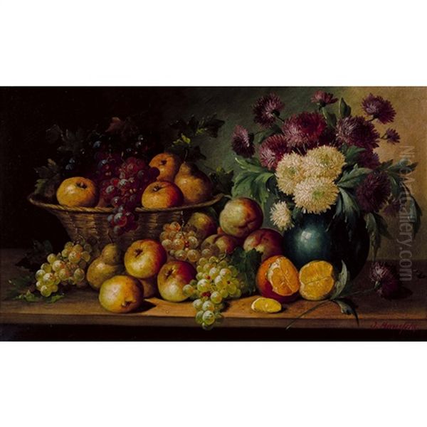 Herbststillleben Mit Fruchten Und Chrysanthemen Oil Painting by Josef Mansfeld