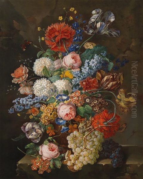 A Large Bouquet Of Flowers With Grapes Oil Painting by Josef Mansfeld