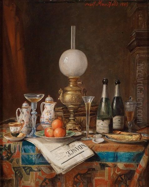 Stillleben Mit Champagnerflaschen Und Tageszeitung Oil Painting by Josef Mansfeld