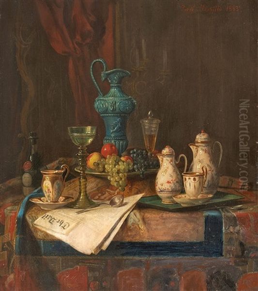 Stillleben Mit Zeitung Und Fruchten (+ Another, Similar; Pair) Oil Painting by Josef Mansfeld