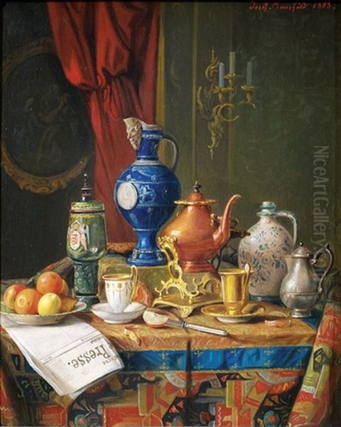 Stilleben Mit Kaffeezubereiter, Kaffeegeschirr Und Obst (+ Another, Similar; 2 Works) Oil Painting by Josef Mansfeld