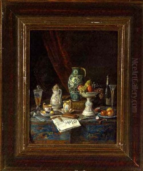 Still Life With Fruit, Champagne, Tea Service And Morning Newspaper Oil Painting by Josef Mansfeld