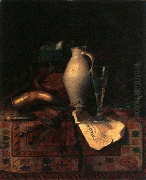 A Still Life With Hunting Objects On A Table Oil Painting by Josef Mansfeld