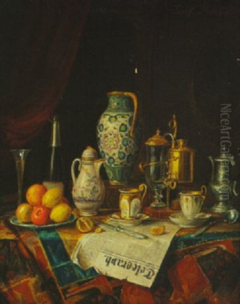 Still Life With Fruit And Champagne, Tea Service, And Newspaper Oil Painting by Josef Mansfeld