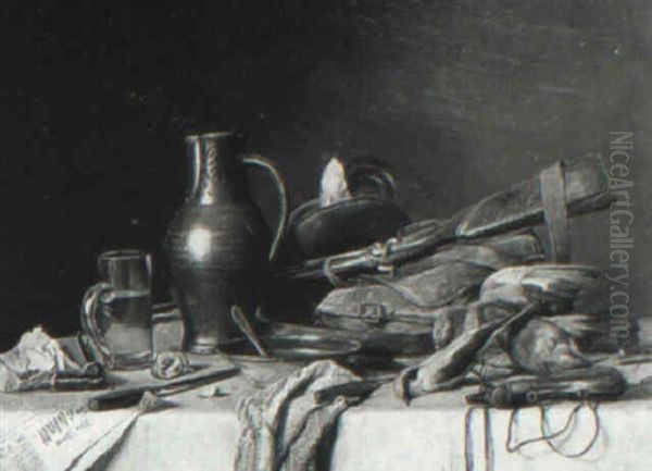 Still Life With Songbirds, Hunting Objects And Bowl On Draped Table Oil Painting by Josef Mansfeld