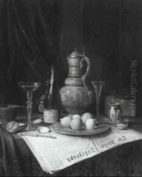 A Table Top Still Life With A Copy Of The Daily Telegraph   And A Bottle Of Moet Chandon Oil Painting by Josef Mansfeld