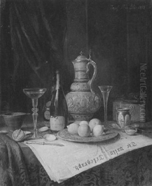 A Table Top Still Life With A Copy Of The Daily Telegraph   And A Bottle Of Moet Chandon Oil Painting by Josef Mansfeld