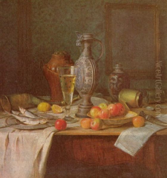 Still Life With Stoneware, Brass, Fish And Fruit Oil Painting by Josef Mansfeld