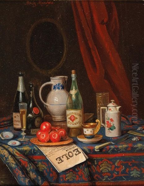 Still Life With Champagne And Brandy Bottle Oil Painting by Moritz Mansfeld