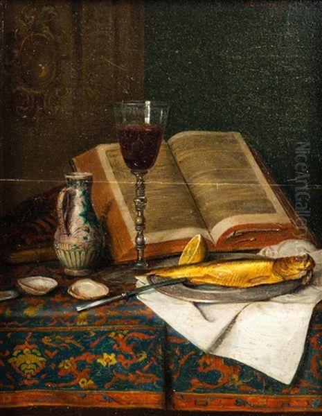 Stillleben Mit Krug, Buch, Weinglas Und Fisch Oil Painting by Moritz Mansfeld