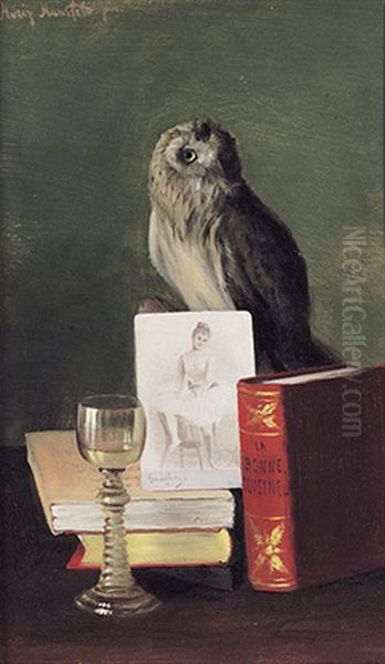 Stilleben Mit Eule, Weinglas, Photo Einer Ballerina Und Kochbuch Oil Painting by Moritz Mansfeld