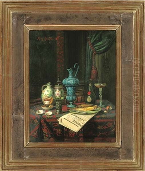 Wine, Jugs, Cups, A Glass, With Fish On A Plate, On A Newspaper, In An Interior by Moritz Mansfeld