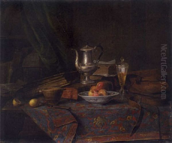 Stillleben Mit Silberkanne, Obst Und Buchern Oil Painting by Moritz Mansfeld