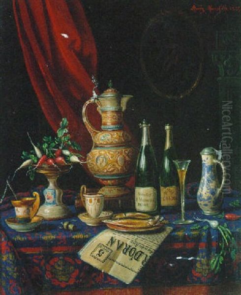 Bottles Of Wine, A Coffee Pot, Cups And Saucers, And A Newspaper On A Table Oil Painting by Moritz Mansfeld