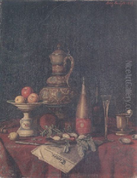 A Still Life With Champagne Bottles, A Flute, An Urn, Apples On A Platter And A Knife On A Newspaper Oil Painting by Moritz Mansfeld