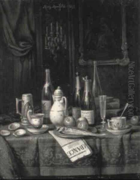 Interieurstilleben Mit Weinflaschen, Kaffeegeschirr, Obst Oil Painting by Moritz Mansfeld