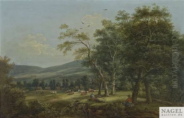 Weite Landschaft Mit Rindern Und Hirten Oil Painting by Franz Joseph Manskirch