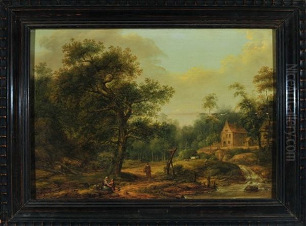 Idyllische Waldlandschaft Mit Haus Am Bachlauf, Ziegenhirte Und Zwei Bauerinnen Mit Kind by Franz Joseph Manskirch