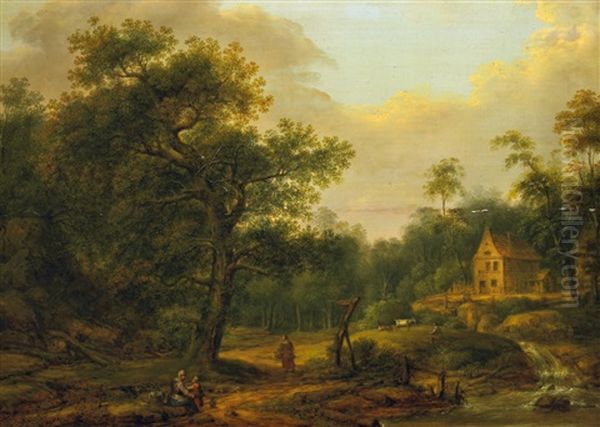 Waldlandschaft Mit Gehoften. Vorn Am Ufer Eines Bachlaufs Ein Schafhirte Sowie Wascherinnen Bei Ihrem Tagwerk Oil Painting by Franz Joseph Manskirch