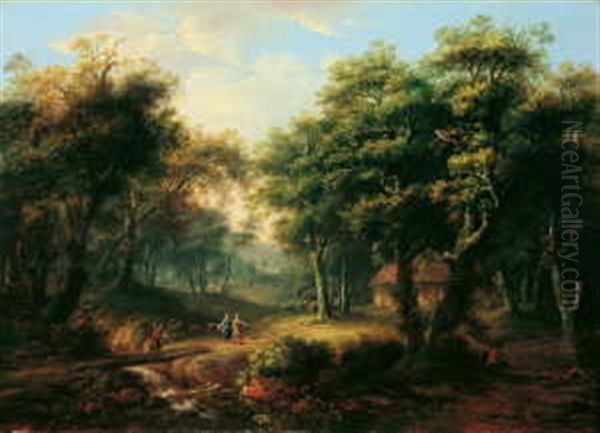 Bewaldete Landschaft Mit Einer Hutte Zwischen Baumen Und Figurenstaffage Oil Painting by Jakob Manskirch