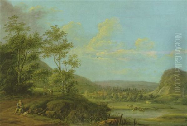 Hugellandschaft Mit Wald, Vieh Am Teich Und Einer Ortschaft Im Mittelgrund Oil Painting by Jakob Manskirch