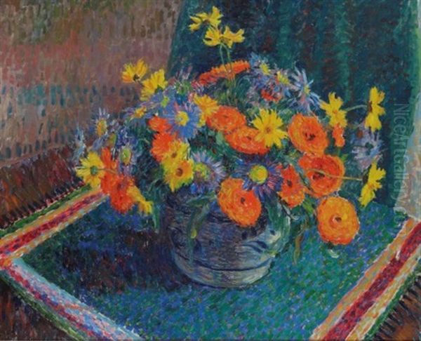 Summer Flowers In A Pottery Bowl On A Table Oil Painting by James Bolivar Manson