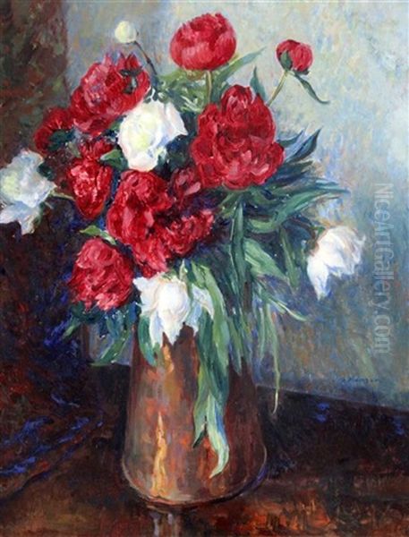 Still Life Of Red And White Roses In A Vase Oil Painting by James Bolivar Manson