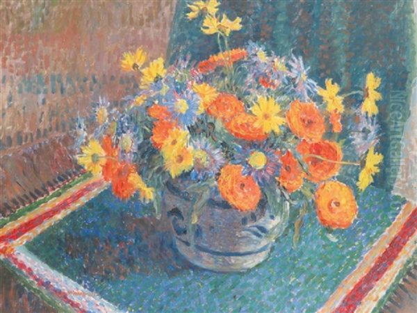 A Still Life Of Summer Flowers In A Pottery Bowl On A Table Oil Painting by James Bolivar Manson