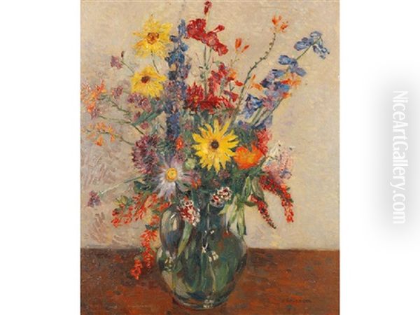 A Still Life Of Summer Flowers In A Glass Jug On A Table Top Oil Painting by James Bolivar Manson