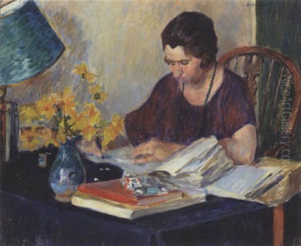 Portrait Of Mrs. Cecily Constance Hayward Writing At A Table Oil Painting by James Bolivar Manson