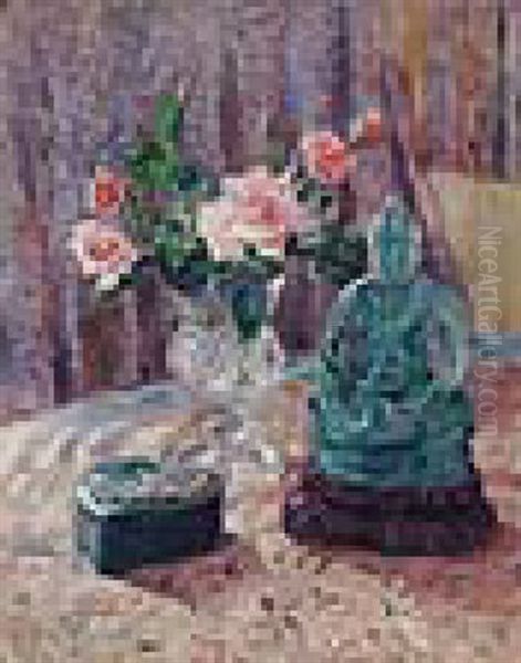 Still Life With Roses And Jade Sculpture Oil Painting by James Bolivar Manson