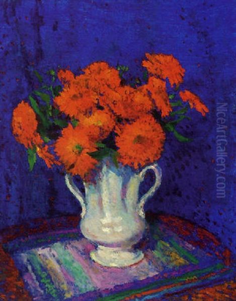 Marigolds In A White Vase Oil Painting by James Bolivar Manson