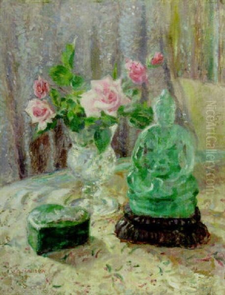 Still Life With Roses And Jade Sculpture Oil Painting by James Bolivar Manson