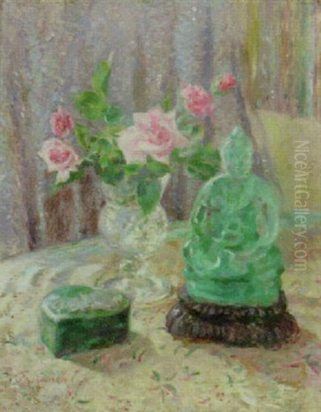 Still Life With Roses And Jade Sculpture Oil Painting by James Bolivar Manson