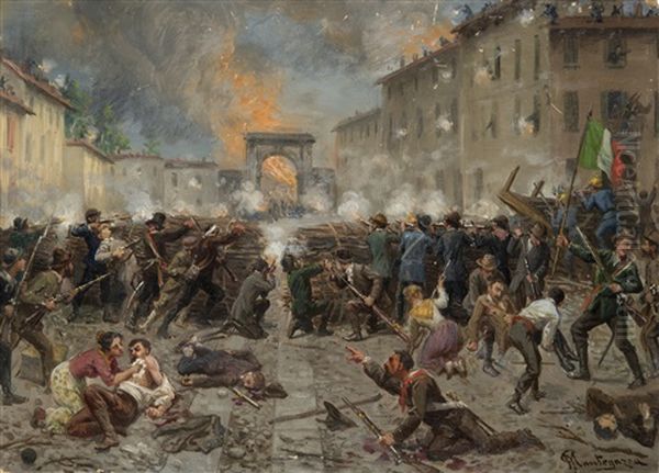 Le Barricate Mobili A Porta Tosa Oil Painting by Giacomo Mantegazza