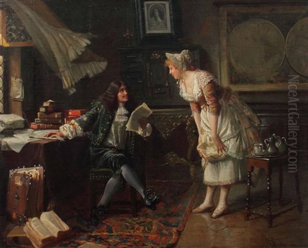 Schreibender Edelmann Mit Junger Dame In Der Studierstube Oil Painting by Giacomo Mantegazza