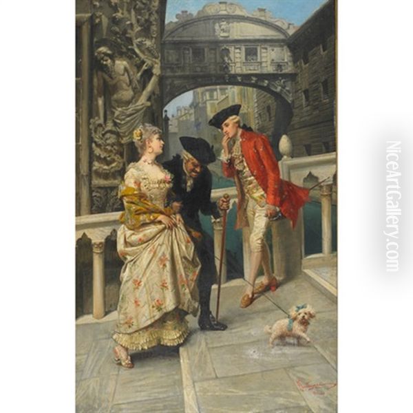 Lovers And Chaperone Meeting On The Venetian Canal Oil Painting by Giacomo Mantegazza